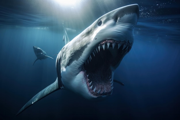 Eine atemberaubende Unterwasseransicht eines Hais mit offenem Maul, der auf ihn zuschwimmt