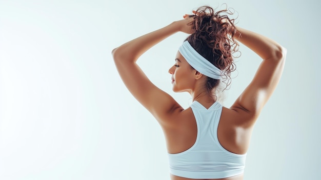 Eine athletische Frau, die von hinten auf einem weißen Hintergrund gesehen wird