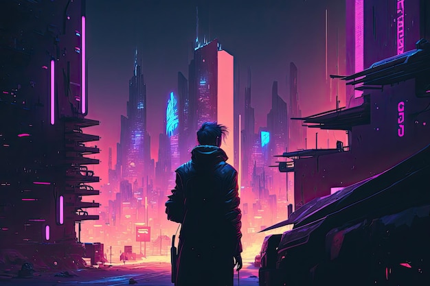 Eine atmosphärische Cyberpunk-Gasse im Metaversum mit einer dystopischen Landschaft aus hoch aufragenden Gebäuden, Neonlichtern und Schatten, die ein Gefühl des Unbehagens erzeugen. Generiert von KI