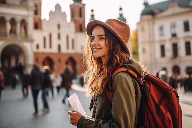 Eine attraktive junge Touristin erkundet eine neue Stadt