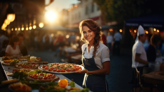 Eine attraktive Köchin bereitete eine Pizza zu