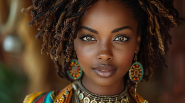 Eine attraktive südafrikanische Frau mit einer Bronzekette und natürlichem Make-up, das im Licht glänzt
