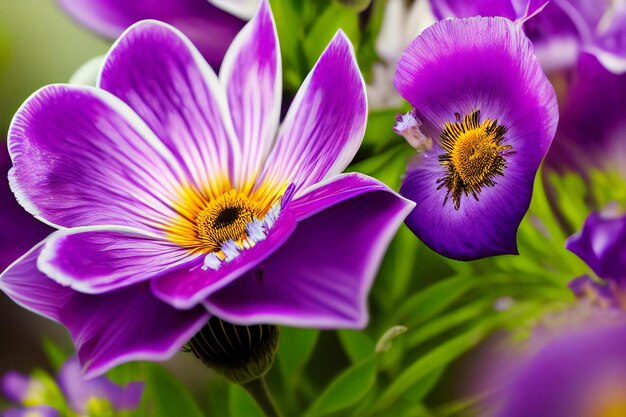 eine auffällige Komposition mit leuchtend violetten Blumen vor einem dunklen Hintergrund