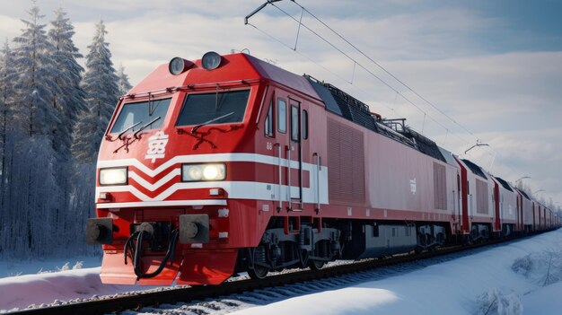 Eine auffallende rot-weiße Elektro-Lokomotive versorgt Güterwagen mit Energie