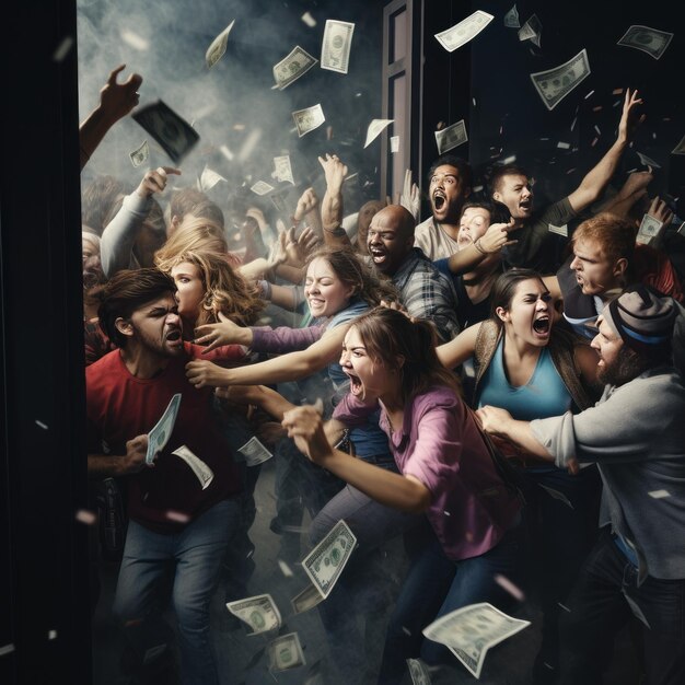 Eine aufgeregte Gruppe junger Leute hält Geld und schreit in einem Einkaufszentrum