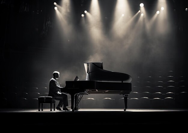 Eine Aufnahme einer Person aus einem niedrigen Winkel, die in einem schwach beleuchteten Konzertsaal einen Flügel spielt. Die Beleuchtung ist