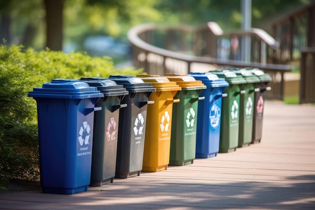 Eine Aufnahme einer Reihe von Recyclingbehältern in einem gepflegten Stadtpark. Generative KI