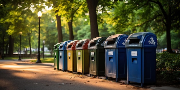 Eine Aufnahme einer Reihe von Recyclingbehältern in einem gut gepflegten Stadtpark