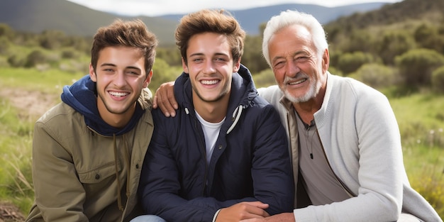 Foto eine aufnahme eines großvaters, seines erwachsenen sohnes und seines enkels, die einen tag draußen genießen