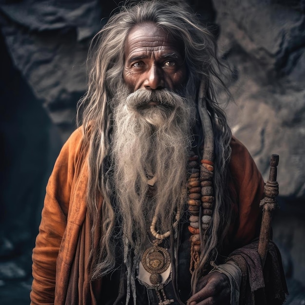 Eine Aufnahme eines hinduistischen Sadhu, eines heiligen Mannes, der auf weltliche Besitztümer verzichtet