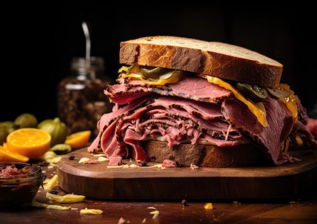 Eine Aufnahme eines Pastrami-Sandwichs mit verschiedenen Brotsorten