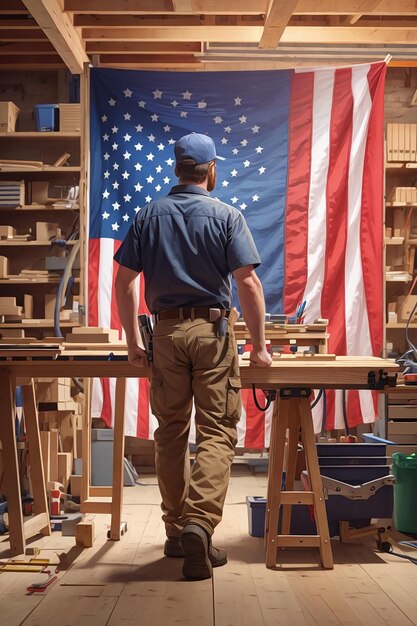 Eine Aufnahme eines Tischlers von hinten am Arbeitsplatz mit der bunten Illustration der amerikanischen Flagge zum Tag der Arbeit