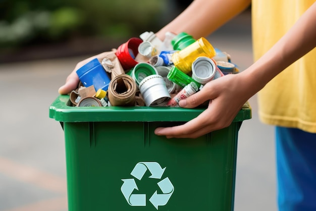 Eine Aufnahme von Händen, die einen Recyclingbehälter halten, der mit verschiedenen wiederverwertbaren Gegenständen gefüllt ist. Generative KI