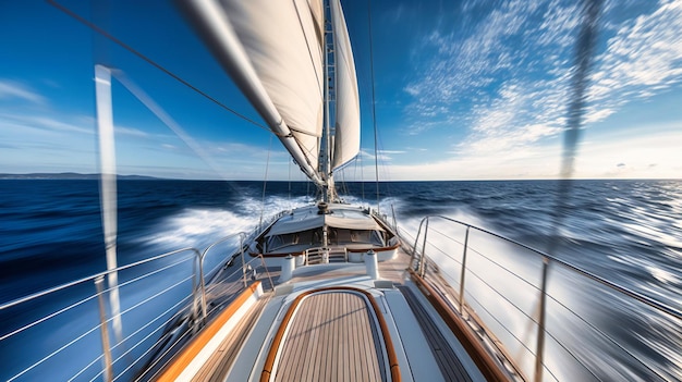 Eine aufregende Nahaufnahme des Decks einer Yacht, die an einem windigen Tag auf offener See segelt