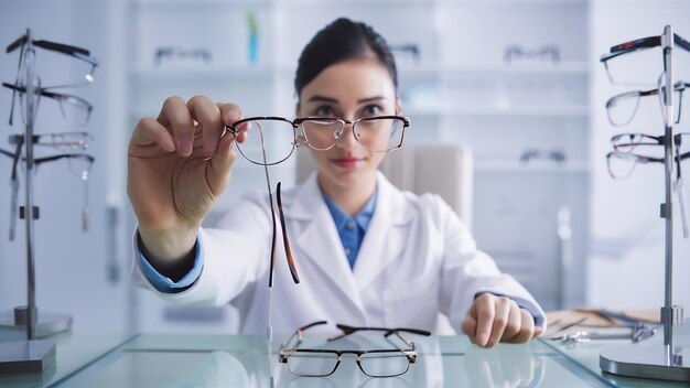 Eine Augenarztin zeigt der Kamera eine Brille