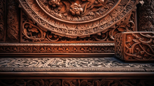 Eine aus Holz geschnitzte Bank mit einem Blumenmuster auf der Oberseite.