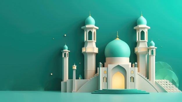 Eine aus Papier geschnittene Illustration einer Moschee mit blauem Hintergrund und den Worten eid al - fitr auf der Unterseite.