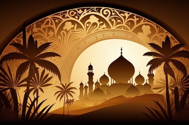 Eine aus Papier geschnittene Illustration einer Moschee mit Palmen im Hintergrund.