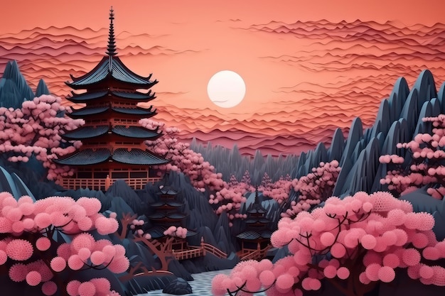 Eine aus Papier geschnittene Illustration von Japan und einem dunklen Sonnenuntergang mit einem Berg