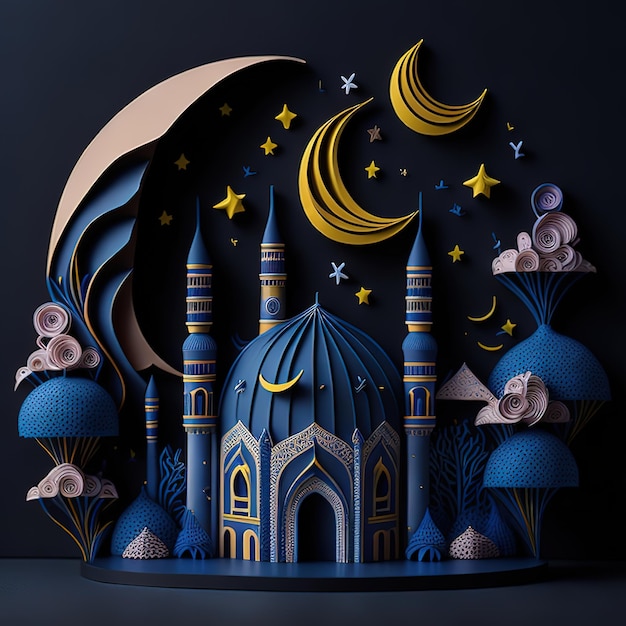 Eine aus Papier geschnittene Kunst einer Moschee mit Mond und Sternen.