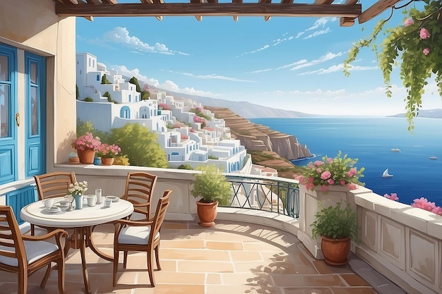 Eine Außenszene auf einer Terrasse in Griechenland mit Blick auf den Ozean und Gebäude schöne Landschaft