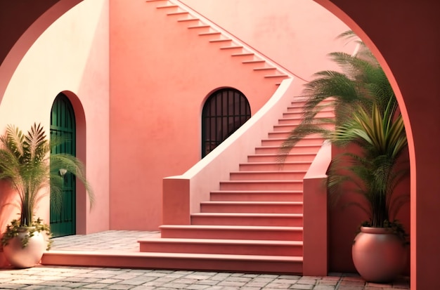 Eine Außentreppe im Stil einer zeitgenössischen Außenfassade an einer rosafarbenen Wand