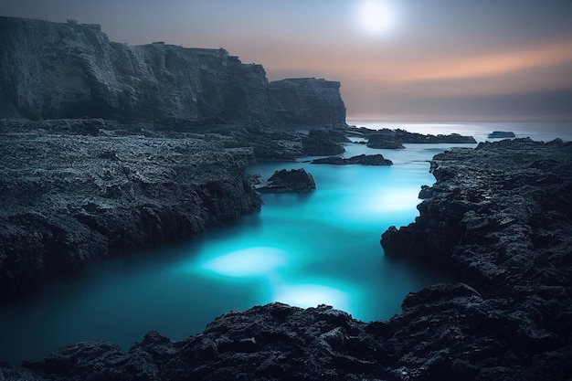 eine außerirdische Küste, biolumineszierendes Meer, magische, dramatische Beleuchtung