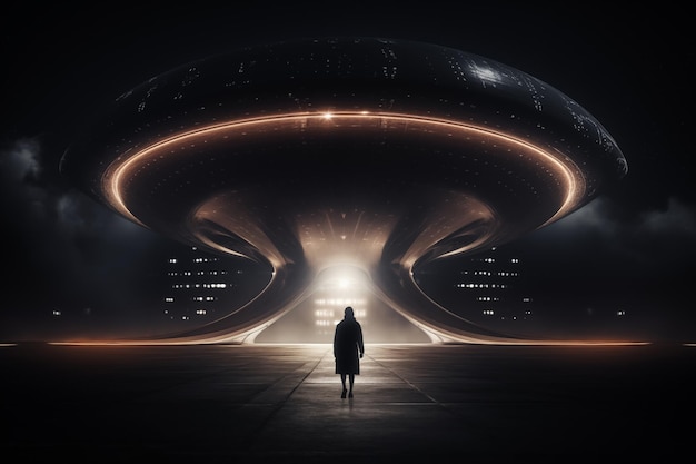 Eine außerirdische Untertasse, die nachts am Himmel schwebt, UFO, außerirdische Invasion von generativer Ai