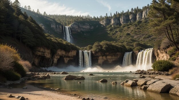 eine Aussicht auf einen Wasserfall von der Unterseite eines Berges.