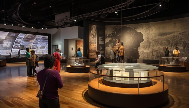 Foto eine ausstellung, die der afroamerikanischen erfahrung gewidmet ist, mit besuchern, die tief vertieft sind