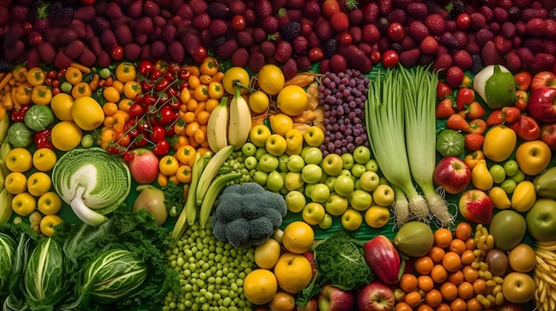 Eine Ausstellung mit Obst und Gemüse, darunter Brokkoli, Bananen und anderes Gemüse.