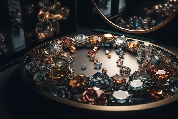 Eine Ausstellung von Diamanten in einem dunklen Raum