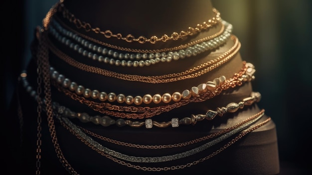 Eine Ausstellung von Halsketten mit Perlen und einer Goldkette.