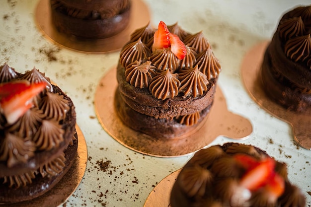 Eine Ausstellung von Kuchen der Schokoladenkuchenfirma