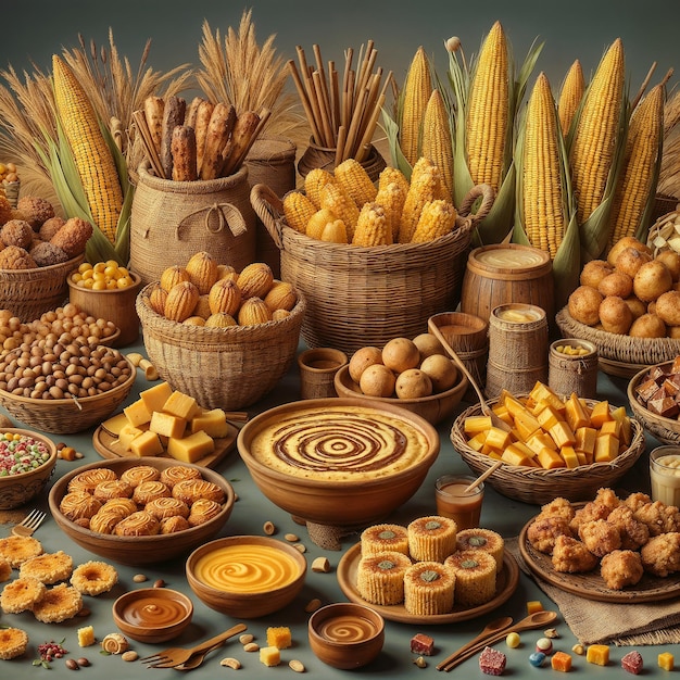 Foto eine ausstellung von lebensmitteln, einschließlich mais, mais und anderen lebensmitteln