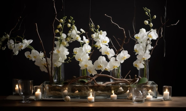Eine Ausstellung von Orchideen mit Kerzen und Lichtern