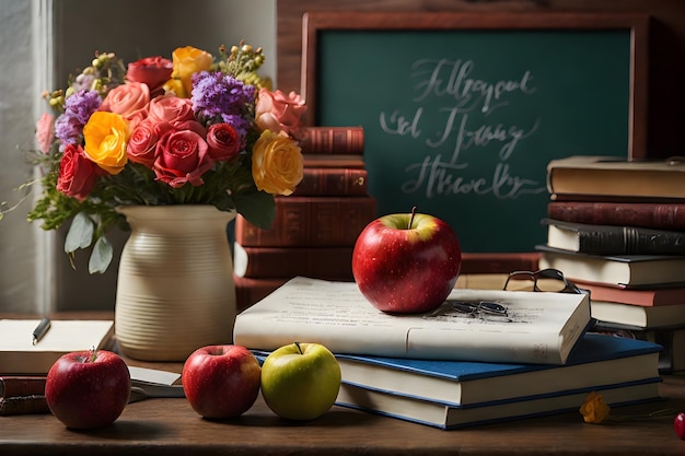 Eine Auswahl an Elementen für den Lehrertag, schön auf einem Tisch angeordnet