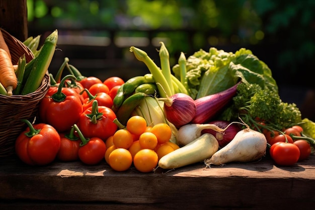 Eine Auswahl an Gemüse, darunter Brokkoli, Zwiebeln, Radieschen und Tomaten.