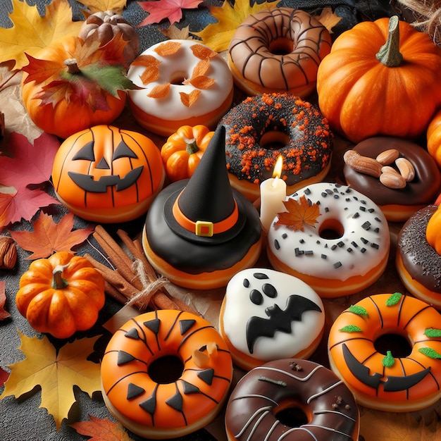 Eine Auswahl an Halloween-Donuts und Herbstblättern