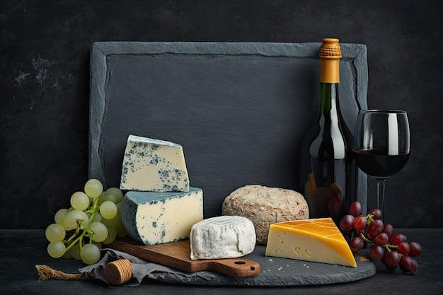 Eine Auswahl an Käsesorten und eine Flasche Wein, serviert auf einer Schiefertafel