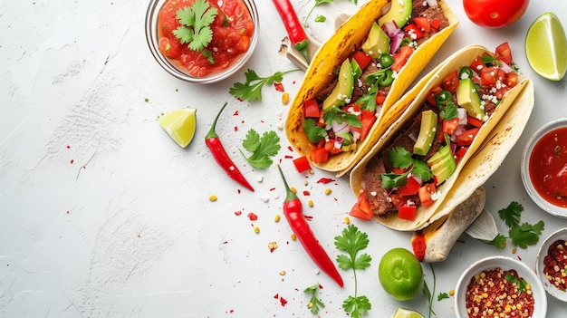 Eine Auswahl an mexikanischen Speisen, darunter Tacos, Salsa, Käse und Nachos mit frischen Zutaten