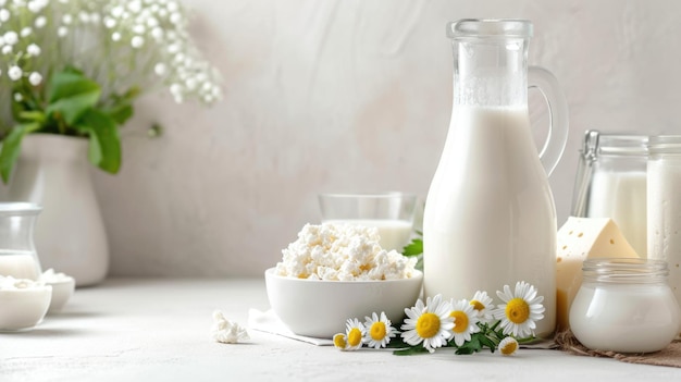 Eine Auswahl an Milchprodukten auf einem leichten Tisch, verschiedene Käsearten und Hüttenkäse