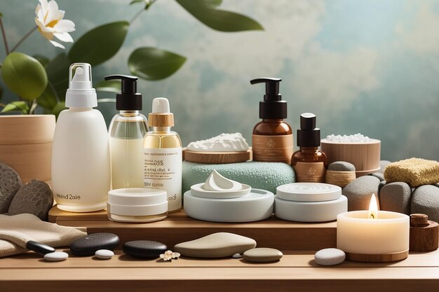 Eine Auswahl an organischen Hautpflegeprodukten und Spa-Essentials auf dem Holzbrett mit einer ruhigen Zen-Gartenumgebung