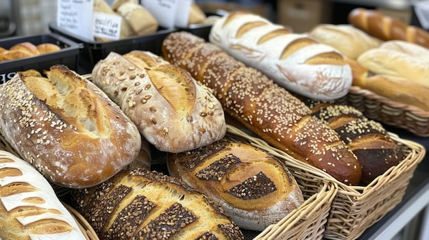 Eine Auswahl frisch gebackener Brote und Gebäckstücke in einer handwerklichen Bäckerei