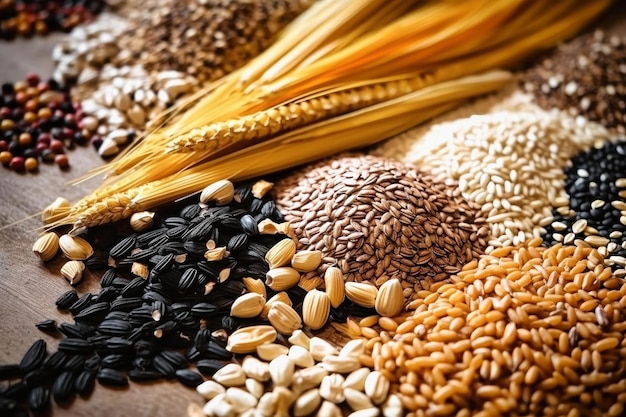 Eine Auswahl verschiedener Arten von Bohnen und Getreidekörnern Ein Satz unentbehrlicher Proteinquellen für einen gesunden Lebensstil Qualitätsnahrung Gesundes Essen Konzept