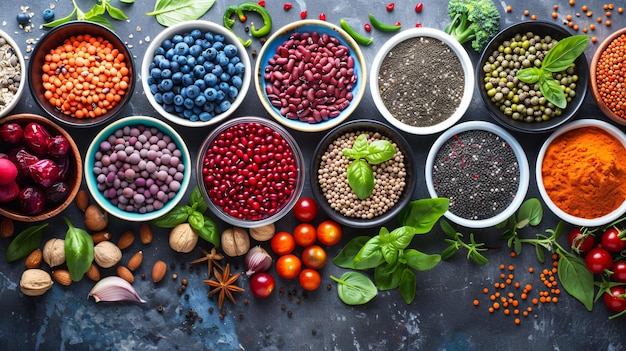 Foto eine auswahl verschiedener beeren und kräuter, darunter blaubeeren, himbeeren und andere zutaten