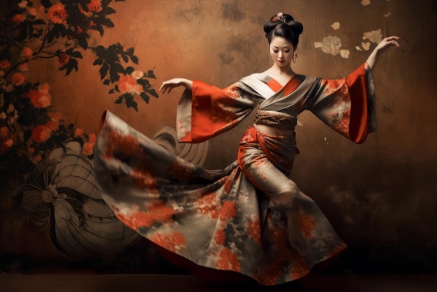 Foto eine authentische junge asiatische geisha tanzt in einem traditionellen japanischen kimono.