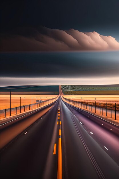 Eine Autobahn mit bewölktem Himmel und Feldern an den Seiten