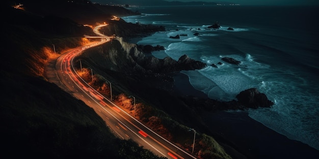 Eine Autobahn mit Blick auf das Meer bei Nacht.