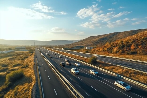 Foto eine autobahn mit einer autobahn und einem hügel mit einer autubahn mit einem berg im hintergrund